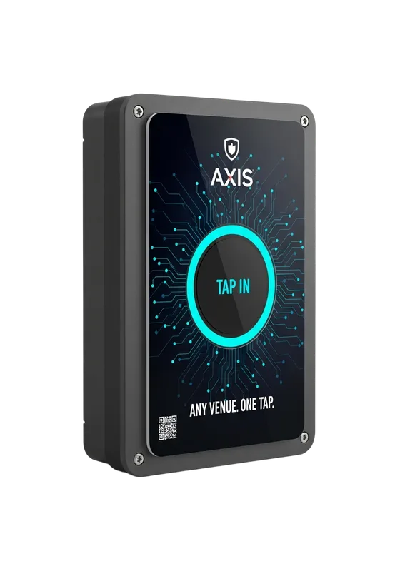 AXIS Port reader with the AXIS brand wrap — Tap In, Any Venue. One Tap.