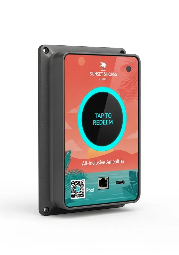 AXIS Port wrapped as a Sunset Shores Resort tap-to-win amenity reader